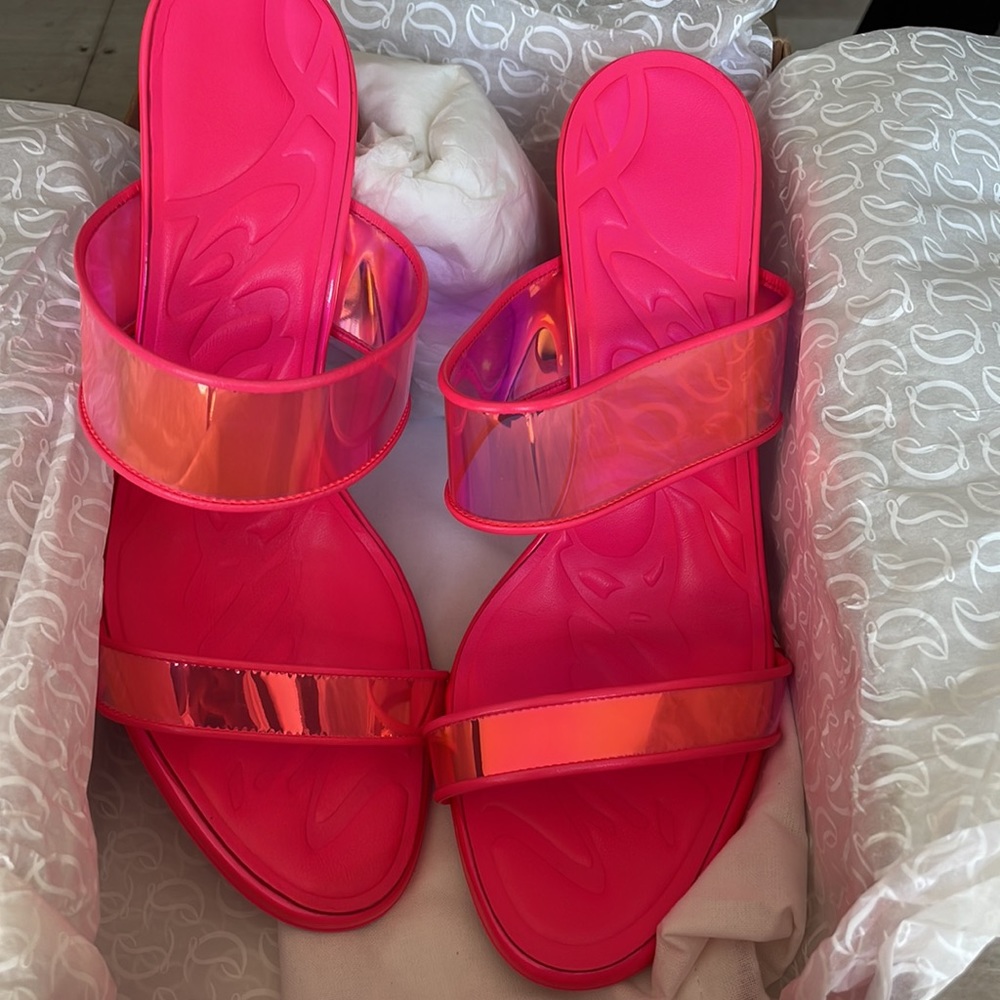 Christian Louboutin just loubi 85mm pink fluo neon pvc sandal stiletto sz 38.5 - Picture 11 of 11